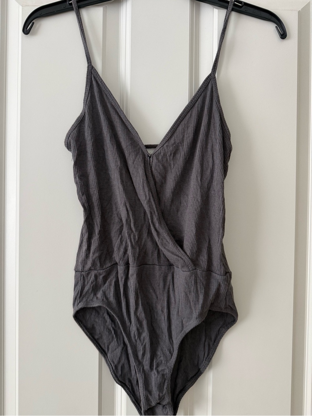 La Hearts Charcoal Gray Ribbed Wrap-Front Bodysuit